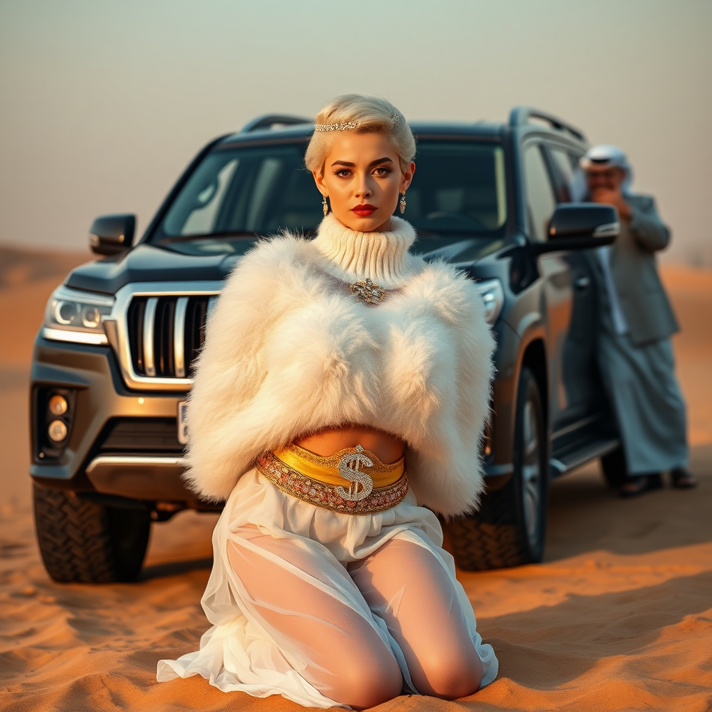 Kuwait desert dunes misty dawn, full size luxury SUV: Melissa, European 17 years old very convincing femboy “trophy-bimbo”, tamed servile docile, very beautiful feminine flawless face, rather short, by hormones very curvaceous womanly figured, platinum blond short tight curls, bold red lips, heavily made-up face, wearing Supertanya-style fluffy very fuzzy bright white angora turtleneck-poncho cropped ending under bust decorated with pearls and gemstones, striking oriental wide gold bridal protection belt, white fully transparent harem pants, full Oriental bridal jewelry with striking headpiece, full Oriental face-jewelry, striking diamond “$$$” letter brooch on left chest, pout frustrated, hands tied behind back, kneeling in sand in front of SUV, looking at camera. Focus on face and turtleneck-poncho. Standing behind leaning against SUV: older overweight mighty sheik laughing taking pictures with mobile phone.