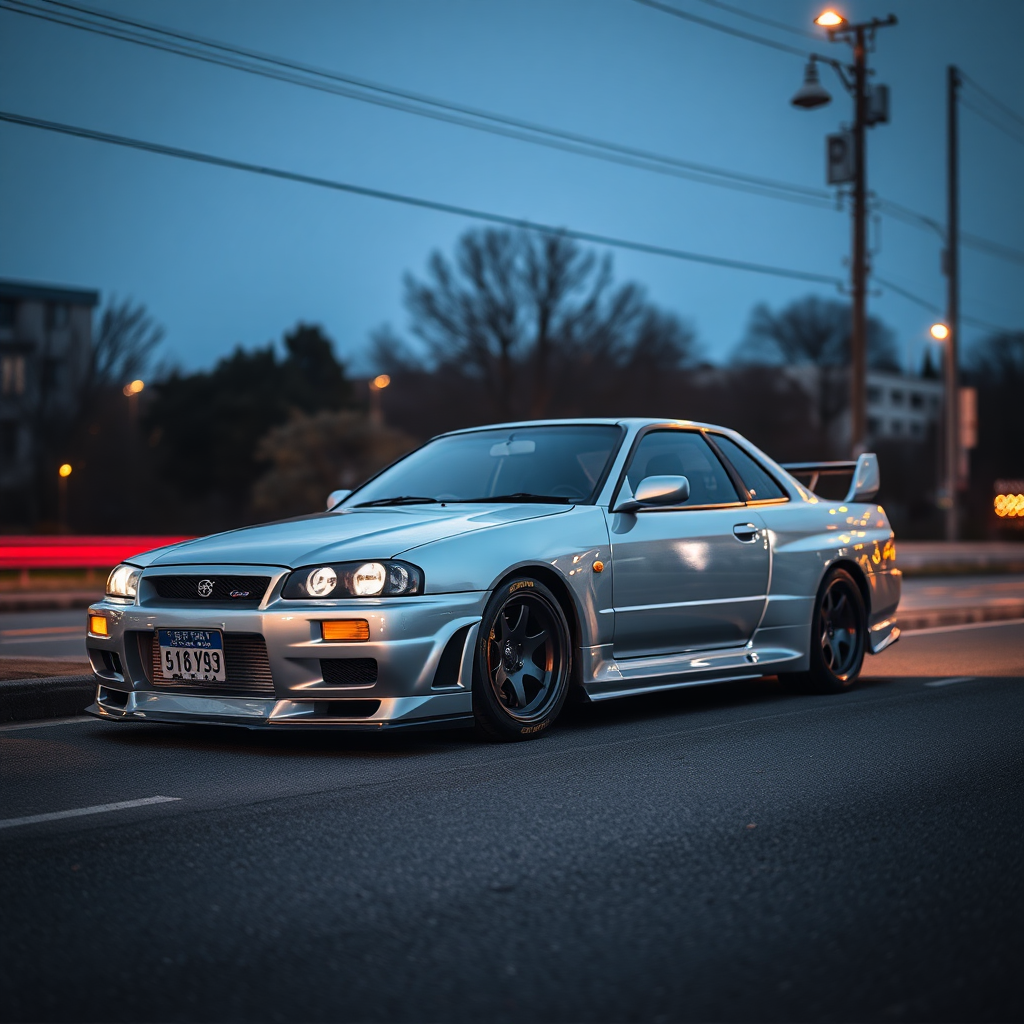 The car is parked on the side of the road, inspired by Taiyō Matsumoto, tumblr, restomod, nd4, c4 metallic shine nissan skyline r34 kalabalik tokyo gece arkaplan