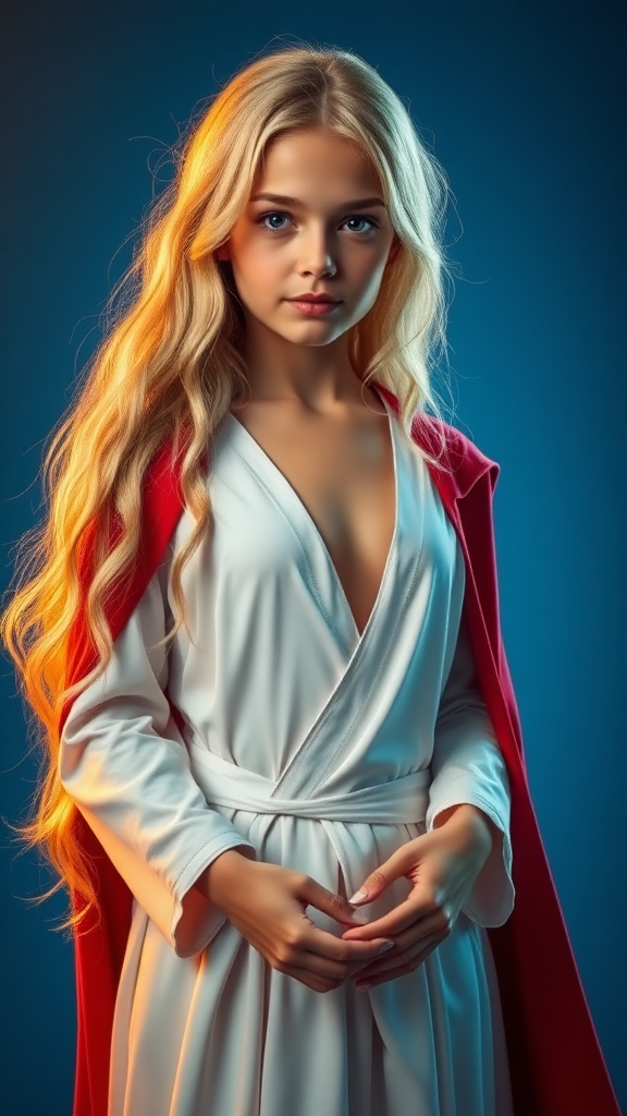 cinematic long haired blonde young girl, white robe, red cape, flat chest, flat chested, feminine face, showing hands, blue and orange contrast background