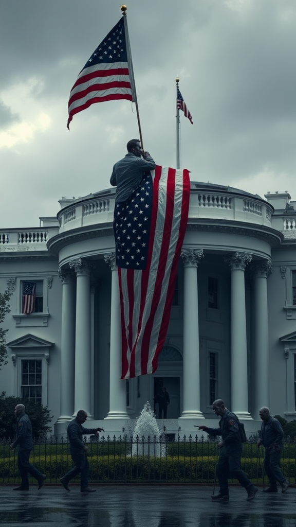 A terrifying zombie, having gained human consciousness, climbs up to the roof of the White House in the United States, pulling down the American flag. It's a cloudy day with dark clouds in the sky, the ground is wet from the rain, and there are zombie guards standing duty on the ground.