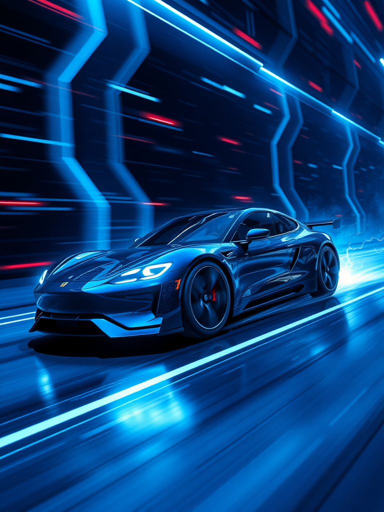 Please render the electric car racing in cyberspace in a realistic 3D manner. Make the background cyber-like and express it with a sense of speed with the "electric sparks". Make the overall color dark blue and draw it with a neon sign feel.