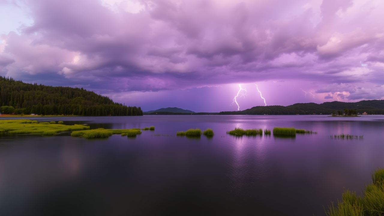 photo, lakes, nature, purple sky, lightning