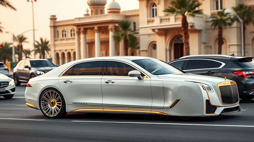 A photo of a futuristic Maybach designed sedan with 4 doors. The car is white with golden ornamentation. The car is parked on a street in Dubai with heavy traffic. The background is a sultan's home.