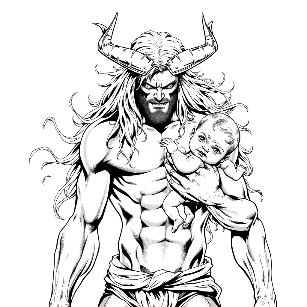 shirtless long hair demon man carrying baby, dc comics style, colorless