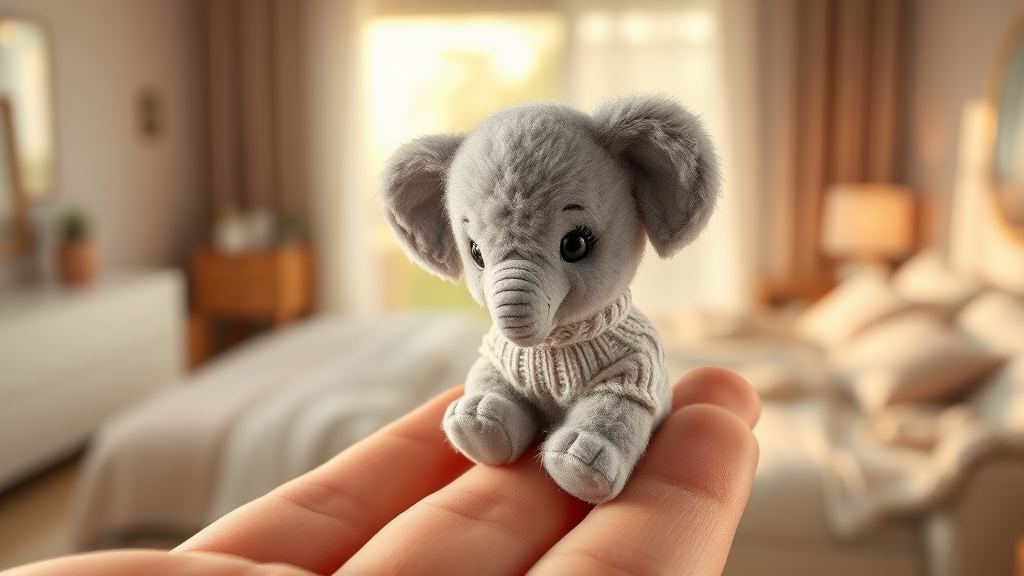 Prompt for Art Generation: "Create an ultra-realistic, high-definition image of a miniature fluffy elephant. The elephant should be incredibly small, fitting perfectly in a person's fingertips, with big, round, expressive black eyes. The elephant is wearing a little sweater, giving it an extra cute and cozy look. The setting should be a soft, cozy bedroom with a neutral palette, blurred in the background to highlight the adorable tiny elephant. Ensure the image captures the elephant's cuteness and the softness of the setting, with soft lighting coming through a large window in the background."