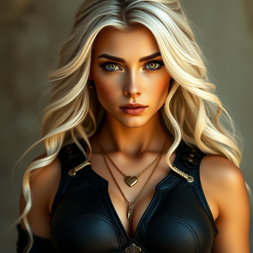 Portrait of a beautiful young woman with long wavy platinum blonde hair, platinum blonde eyebrows, green eyes, a suntan, and large breasts. She is wearing black leather armor and a gold necklace with a small heart pendant.