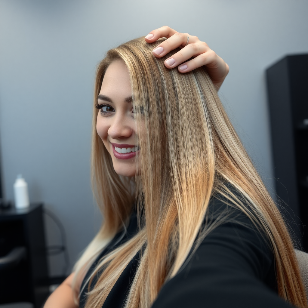 POV, beautiful very long haired blonde woman sitting in a hair salon smiling at the camera while I reach out from behind the camera to massage her scalp. My fingers are in her hair rubbing her scalp while her hair is covering my hands. 
Plain gray background.