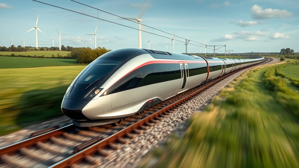 a modern futuristic high speed train similar to the TGV or bullet train moving at high speed through the english countryside - there are wind turbines visible in the distance - we see at least three carriages of the train