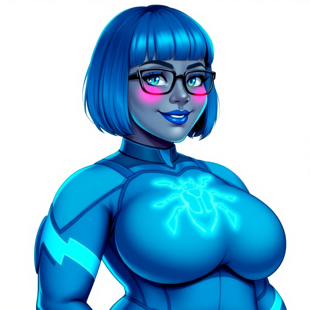 A 28-year-old, full-figured, middle gray metal skinned computer program-human hybrid with a maximum blue bob cut. She is the digital sidekick, computer hacker, and nerdy girlfriend of her cyberpunk vigilante boyfriend. Her middle gray metallic skin, distinct from any other character, highlights her digital nature. She wears maximum blue lipstick and has bright blue eyes. Her outfit includes a maximum blue full bodysuit with neon blue glowing beetle-themed accents completed by a neon blue glowing chest icon of a beetle. Black eyeglasses accentuate her nerdiness, and she has a lovestruck smile with neon red blush. Her full figure, including a prominent, gargantuan, round midsection (with full emphasis on her gargantuan belly), gigantic limbs, and broad shoulders, reflects the doting care of her vigilante boyfriend. The background is solid white. She is drawn as if she was in a retro 2D cyberpunk fighting game. Ensure her bodysuit covers all her bare skin (especially her round gargantuan belly). Her bodysuit is influenced by DC's superheroine Jennifer Knight Phantom Lady but remains distinct.