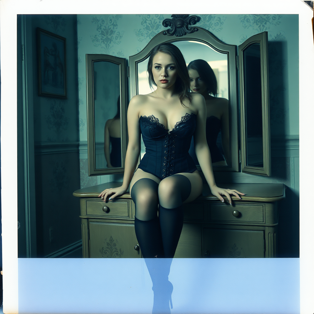 Scan of an nsfw old polaroid photograph with visible wear and heavy vignetting and blue color tint and light leaks, depicting a sexy pale curvy alt goth girl wearing a black lace cupless underbust corset revealing her nipples and wearing black stockings and high heels, sitting on a builtin vanity with mirror in old house with wallpaper on walls with her knees parted. Camera flash used. Dark lighting. Moody and hazy. Grunge look. Erotic. Nude