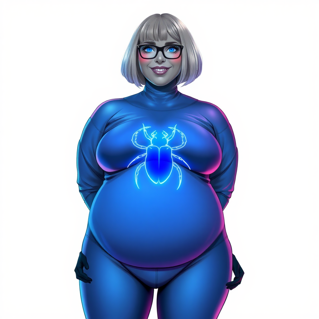 A 28-year-old, full-figured, middle gray metal skinned computer program-human hybrid with a maximum blue bob cut. She has an obvious non-athletic build. She is the digital sidekick, computer hacker, and nerdy girlfriend of her cyberpunk vigilante boyfriend. Her middle gray metallic skin, distinct from any other character, highlights her digital nature. She wears maximum blue lipstick and has bright blue eyes. Her outfit includes an oversized, loose fitting, digital, maximum blue bodysuit (accentuating her non-athletic figure) with a neon blue glowing chest icon of a beetle on its chest and black gloves. Black eyeglasses accentuate her nerdiness, and she has a lovestruck smile with neon red blush. Her non-athletic full figure consists of a prominent, gargantuan, round midsection (with the full emphasis on her round gargantuan belly), gigantic limbs, and broad shoulders, reflects the doting care of her vigilante boyfriend. She has a bashful pose with her hands behind her back on a solid white background. She is drawn as if she was in a retro 2D cyberpunk fighting game. Ensure her bodysuit covers all her bare skin (especially her prominent round gargantuan belly). Her oversized bodysuit is influenced by Watchmen's Silk Spectre II but remains distinct. She is clearly non-athletic, with emphasis on her full-figured and pudgy physique.