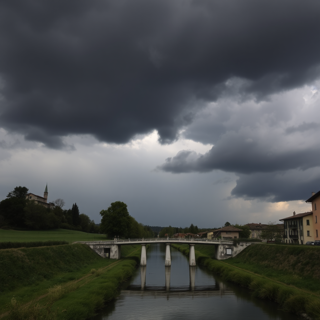 very cloudy black sky, threatening rain, in the Veneto countryside, with a pillar bridge over the canal