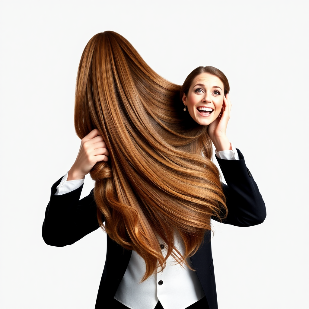 A surreal image of a smiling male magician holding up the disembodied head of a very long-haired Kate Middleton. He is grabbing her very long hair and pulling it up high in the air, while her head is hanging by her hair from his grasp to display it to the camera. Plain gray background.