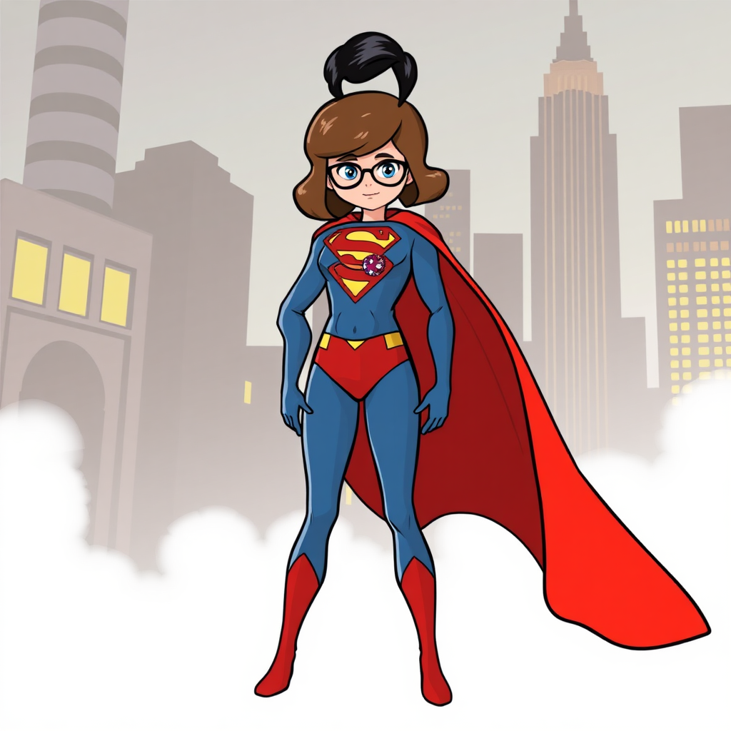 Create a full-length image of a hybrid character featuring Velma Dinkley’s head and hair on Superman's body. Preserve Velma's distinct facial features while using Superman's physique. Adjust Velma’s costume to fit Superman's proportions, ensuring it complements the new form without blending. Design the background to harmonize elements from Velma’s mystery-solving adventures and Superman's heroic universe, combining iconic settings in a seamless and visually engaging way. Focus on clarity and creativity in the portrayal of this distinctive character fusion.