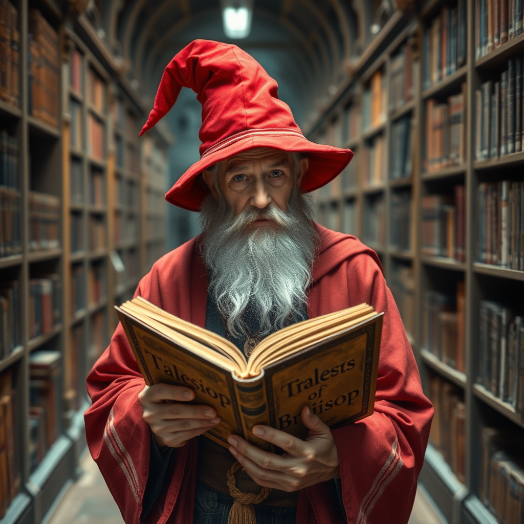 An old male wizard looking at camera in a red pointed hat walking through a library while reading from an old book titled "Tales of Brajkaisop"