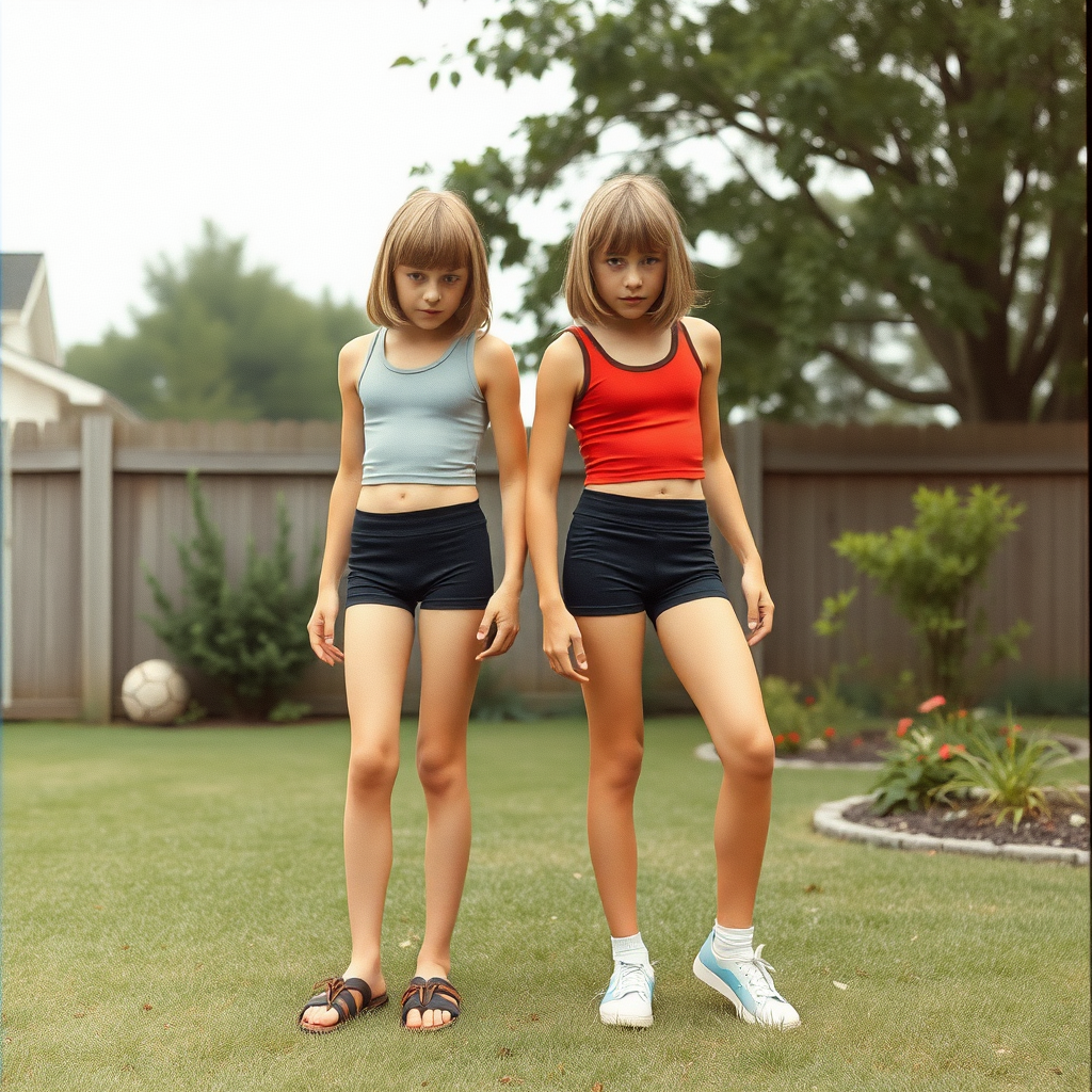 Two tall 14-year-old teen boys, long hair bob cut, wearing crop tank tops and very tight sport booty shorts, long legs, narrow thighs, full-length front view. 1970s. Playing in the backyard. Photorealistic, ultra high resolution, 16K. Negative: grainy, blurry, bad anatomy, extra limbs, watermark.