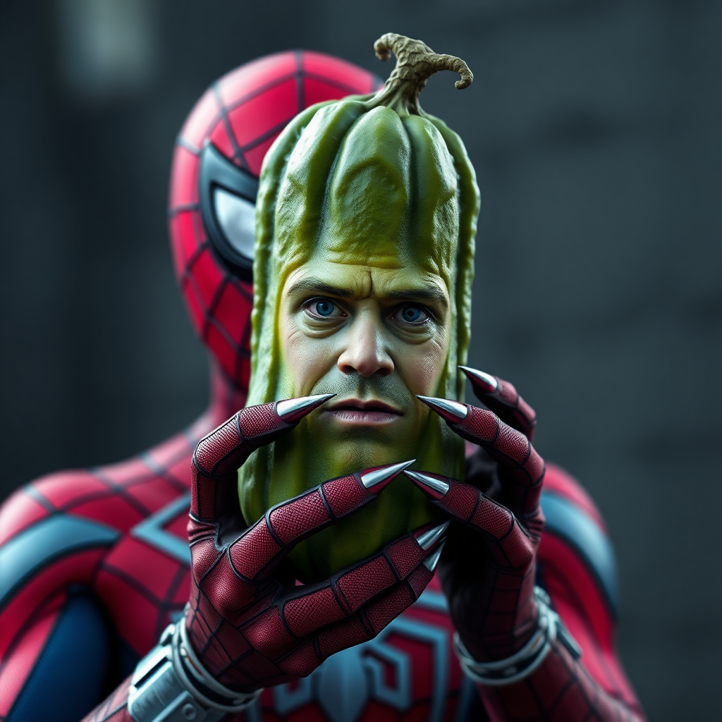 Ultra realistic. Picholas cage. Nicolas cage pickle.
Spider-Man holding a humanoid pickle that looks like Nicolas cage. The pickle has the face of Nicolas cage and claws. Nicolas cage face