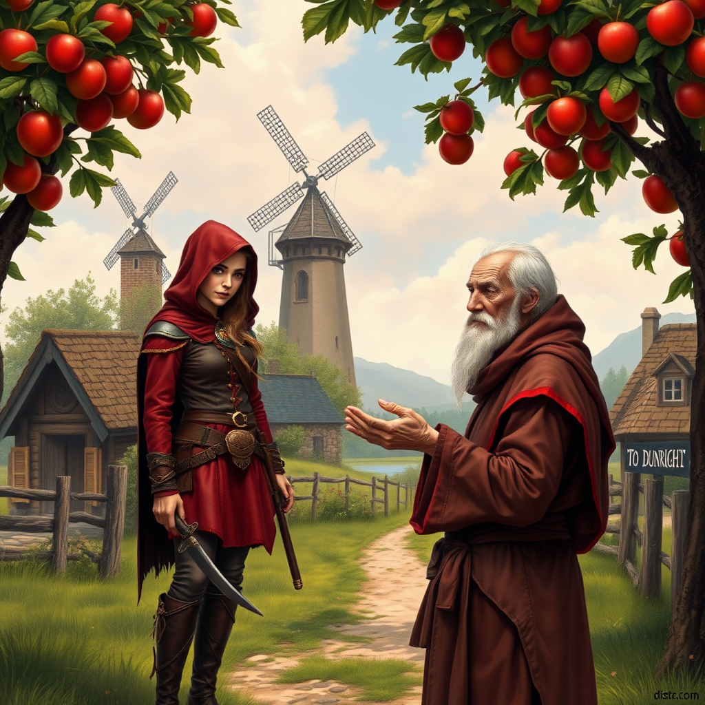 A wide distance shot of a pretty female adventurer in subtle red leather clothing with a hood, standing next to a thin, short, frail clean-shaven old farmer wearing rags and who looks ill. She is holding a gold ring towards him but he waves it away. Apple trees surround a pastoral fantasy house near a road to "Dunright". A fantasy village and mage tower with windmill in the distance. 1980's dragonlance cover art style.