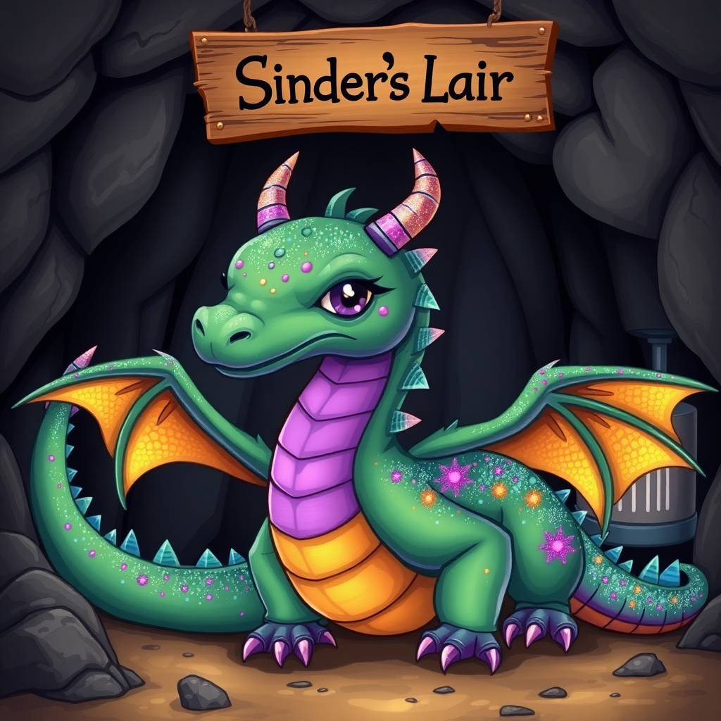 A green dragon with rainbow sparkly spots and purple skin and eyes but no horns in a dragon cave with a sign above it that says "Sinder's Lair". There is a smoothy machine in the background.