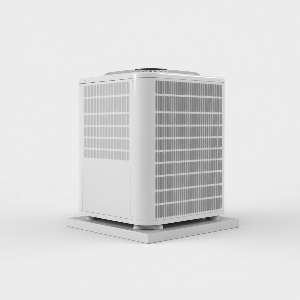 A simple, 3D model of a standard residential outdoor air conditioning unit or condenser. The unit should be placed on a flat surface. The unit should be a neutral color. Plain, uncluttered background. No text.