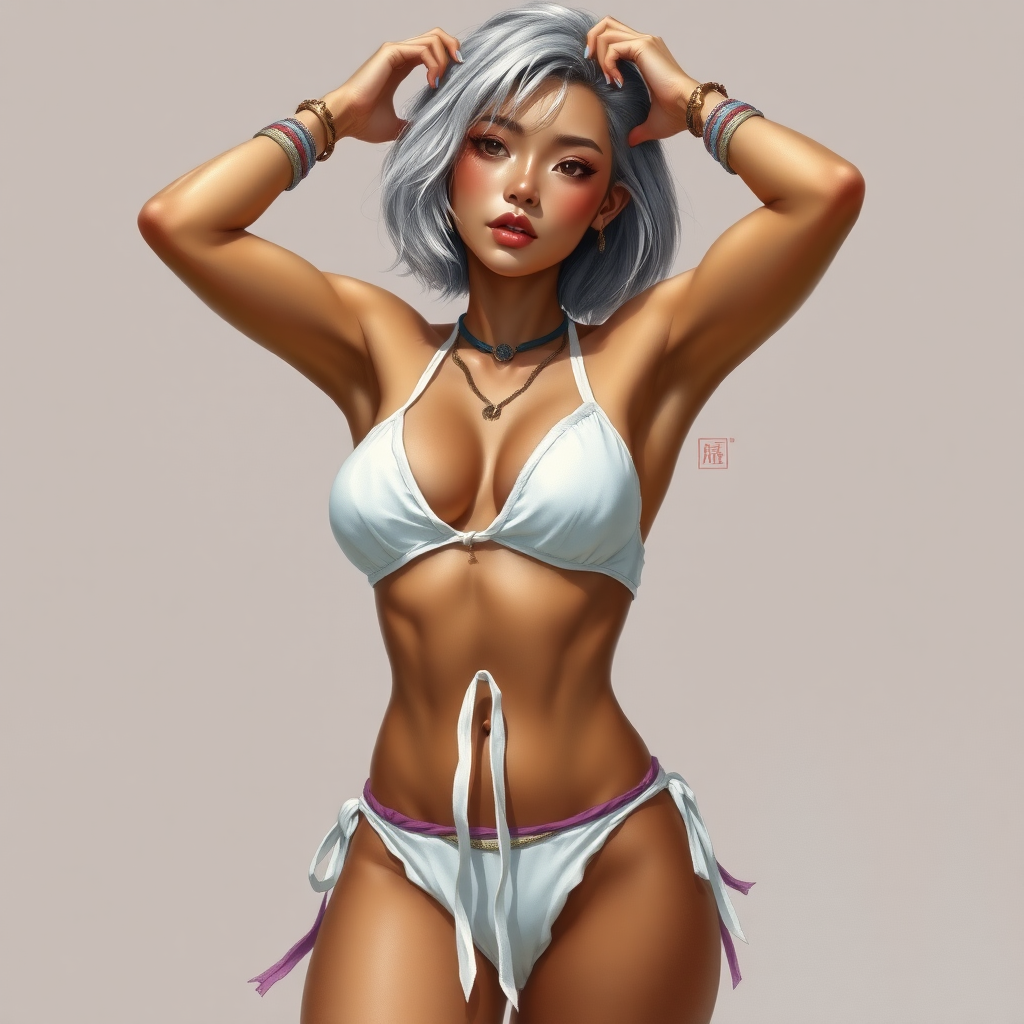 Girl, toned and muscular and has abs. short silvery flowing hair. Her fingers and toenails are painted sky-blue. Her attire consists of a white primitive scant revealing two-piece bikini-like outfit with pale red, sky-blue, gold and purple bands on her neck, arms, wrists, shins, and ankles. Tan skin. Asian face. Tilted Sexy exaggerated pose. Hands on head, exposing armpits. fantasy painting high contrast, well-drawn, highly detailed, and beautiful rendering.