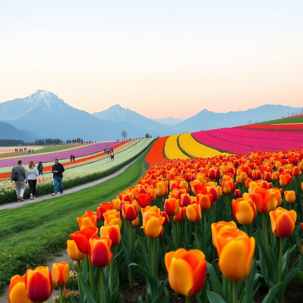 large expanses of colored tulips in solid colors with mountains in the background and many people present