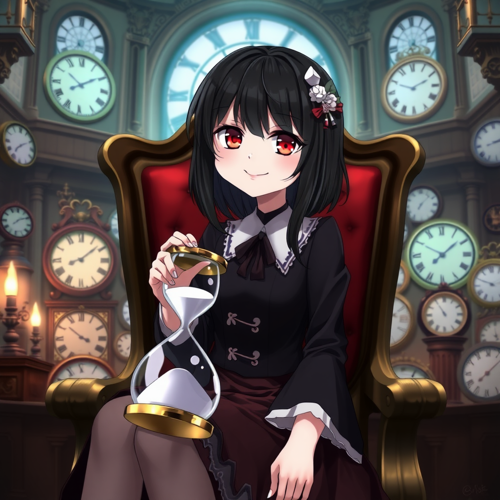 An anime girl with black hair and red eyes is carrying an hourglass. She has a smile like a villain and pale skin like a vampire. The girl is sitting on a chair of a noble mansion. Inside the room, there are many other clocks surrounding her.