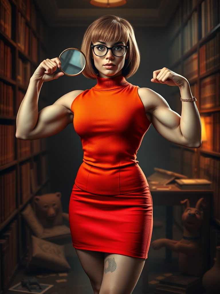 Photorealistic full-length portrait: Velma Dinkley reimagined. Merge Velma's iconic head, hairstyle, facial features onto male bodybuilder's inverted triangle physique. Adapt her classic orange turtleneck, red skirt outfit to fit muscular frame. Retain signature glasses. Background: dimly lit library or mystery scene, dusty bookshelves, ancient artifacts, subtle clues scattered. Pose: confident stance, flexing muscles while holding magnifying glass. Lighting: moody, emphasizing definition of muscles and Velma's determined expression. Include hints of Mystery Machine or Scooby-Doo in background for context.