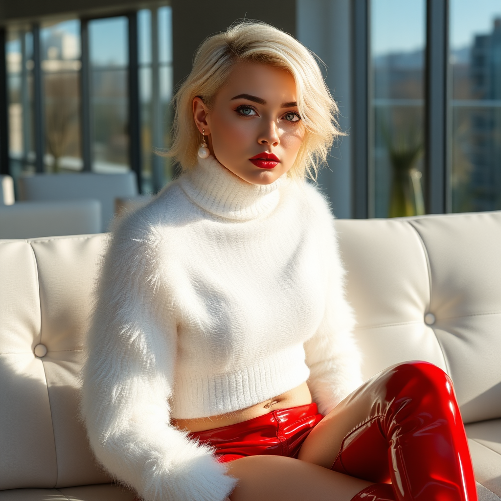 Sunny spring morning, modern glass-steel-concrete CEO office, sitting on white leather sofa: Nina, 17 years old very convincing femboy, tamed servile docile, very beautiful feminine flawless face, rather short, by hormones very curvaceous womanly figured, platinum blond short tight curls, bold red lips, heavily made-up face, wearing Supertanya-style fluffy very fuzzy bright white angora turtleneck-poncho cropped ending under bust, bright red shorts, bright red shiny vinyl thigh-high OTK-boots with golden high heels, white pearl belly piercing, gold earrings, hands tied behind back, pout frustrated, looking at camera. Focus on face turtleneck-poncho shorts.