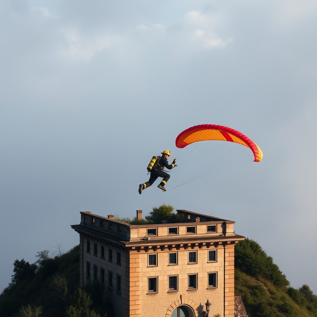 A firefighter paragliding over a bank