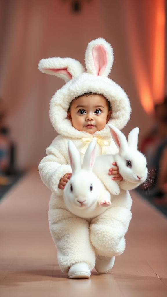 A cute small chubby fair baby big eyes pink lips pink cheeks wearing a furry cozy white rabbit costume doing ramp walk in a fashion show walking with a real white big rabbit holding in hands cinematic