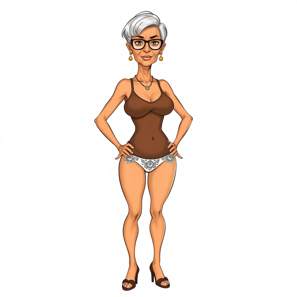 a towering 55 Years old, fit, slim, European, Latina, sharp aquiline nose, wrinkles, high cheekbones, Middle Eastern, Skinny, Tanned skin, Dark light skin, Rounded Medium breasts, Skinny thighs, full Makeup, jewelry, Serious face, Sharp nose, Ash hair, short bowl haircut, Brown eye color, Glasses, with detailed features. Hands on hips, she is wearing a transparent brown tight tank top and tight white embroidered thong, detailed fabric. full body, high heels sandals, she is gesturing at the viewer, long establishing shot, 2D, caricature, cartoon, Sketch lines, coloring book, nlack and white, coloring book style on white background, well composed, clean coloring book page, No dither, no gradient, strong outline, No fill, No solids, vector illustration, realistic proportions