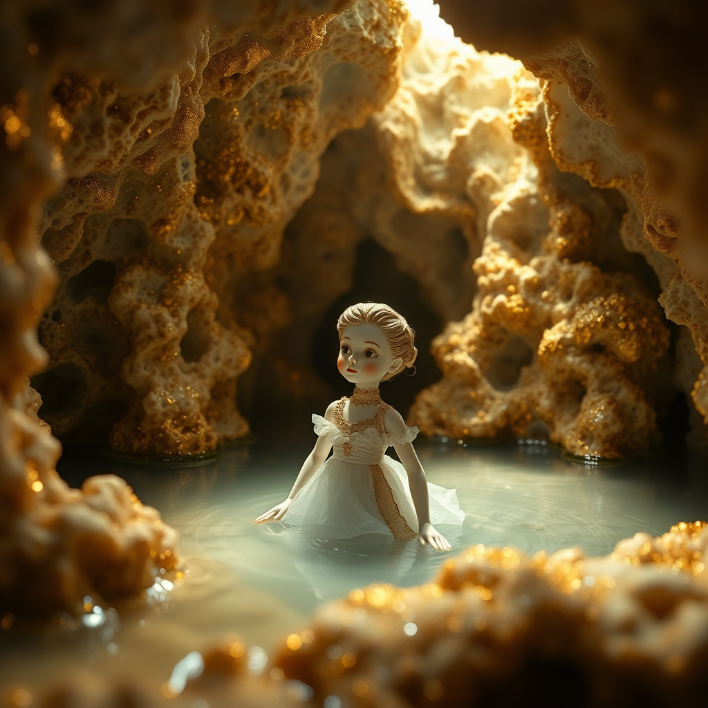 a porcelain doll in a flooded cave, artists doll, bjd, high quality photo, intricate environment, ultra-detailed, impressionistic, dynamic composition, artistic photograph, porcelain, geode, alabaster, gold, fractal, intense colors, glittering, sunlight, mandelbulb