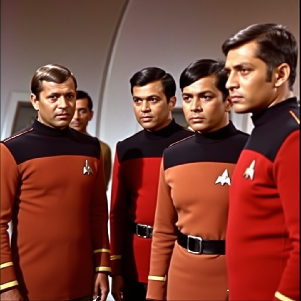 A still from an episode of a sci-fi television series from the sixties. Everyone is wearing starfleet uniform. Everyone is Indian.