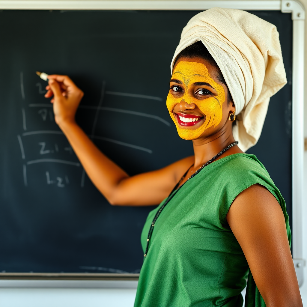 slim, 30 year old, sexy, indian female school teacher, saree, towel head, turmeric face mask. She is smiling and teaching on a blackboard