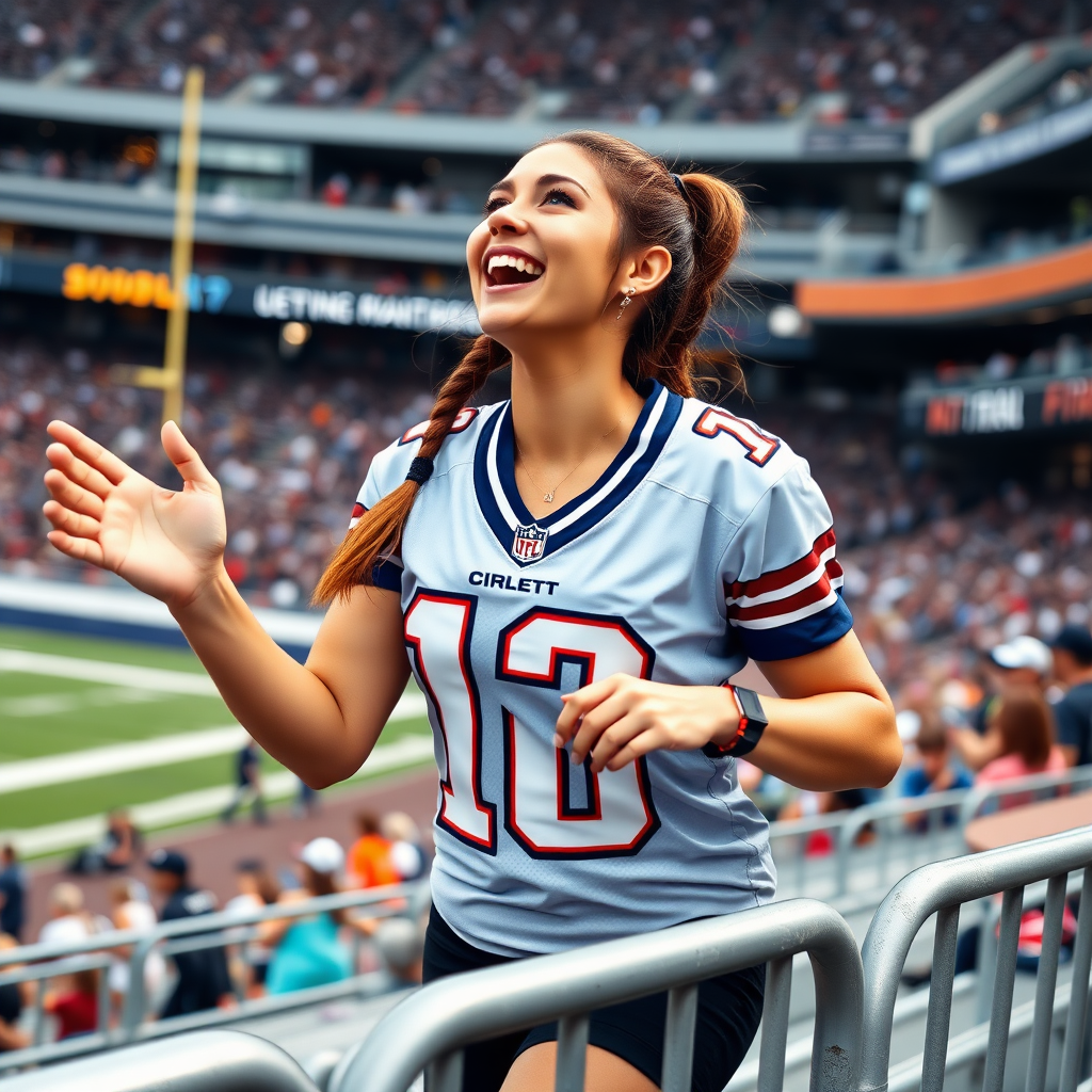 Extremely attractive female NFL fan wearing a jersey with a large chest and pigtail hair, cheering while leaning forward over stadium barriers, at NFL stadium bleachers