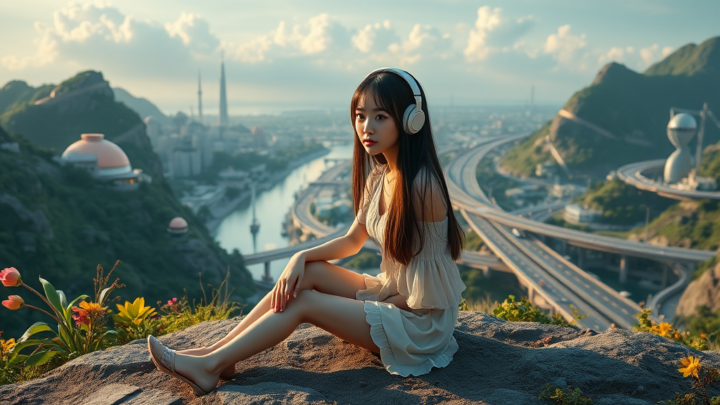 pretty Asian woman with long hair in pretty short dress, sitting on the ground with headphones, on an alien planet with futuristic city with nice greenery, flowers, and waterscapes and nice clouds, highways and streets, ultra realistic view and ultra high cinematic detail