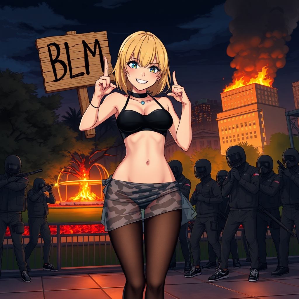 Anime art of a woman, medium blonde hair, a black, sleeveless crop top that reveals the woman's black bra and a high-waisted, wicked smile, middle finger, large breast, patterned transparent mini skirt that showcases a mix of black and white colors and black-underwear. She is also wearing black sheer tights and black sneakers with white laces, holding wooden sign in 2 hands which says "BLM" in air. Park and 1 building on fire at night from riots background, groups of black-rioters-thugs standing next to her pulling her skirt down