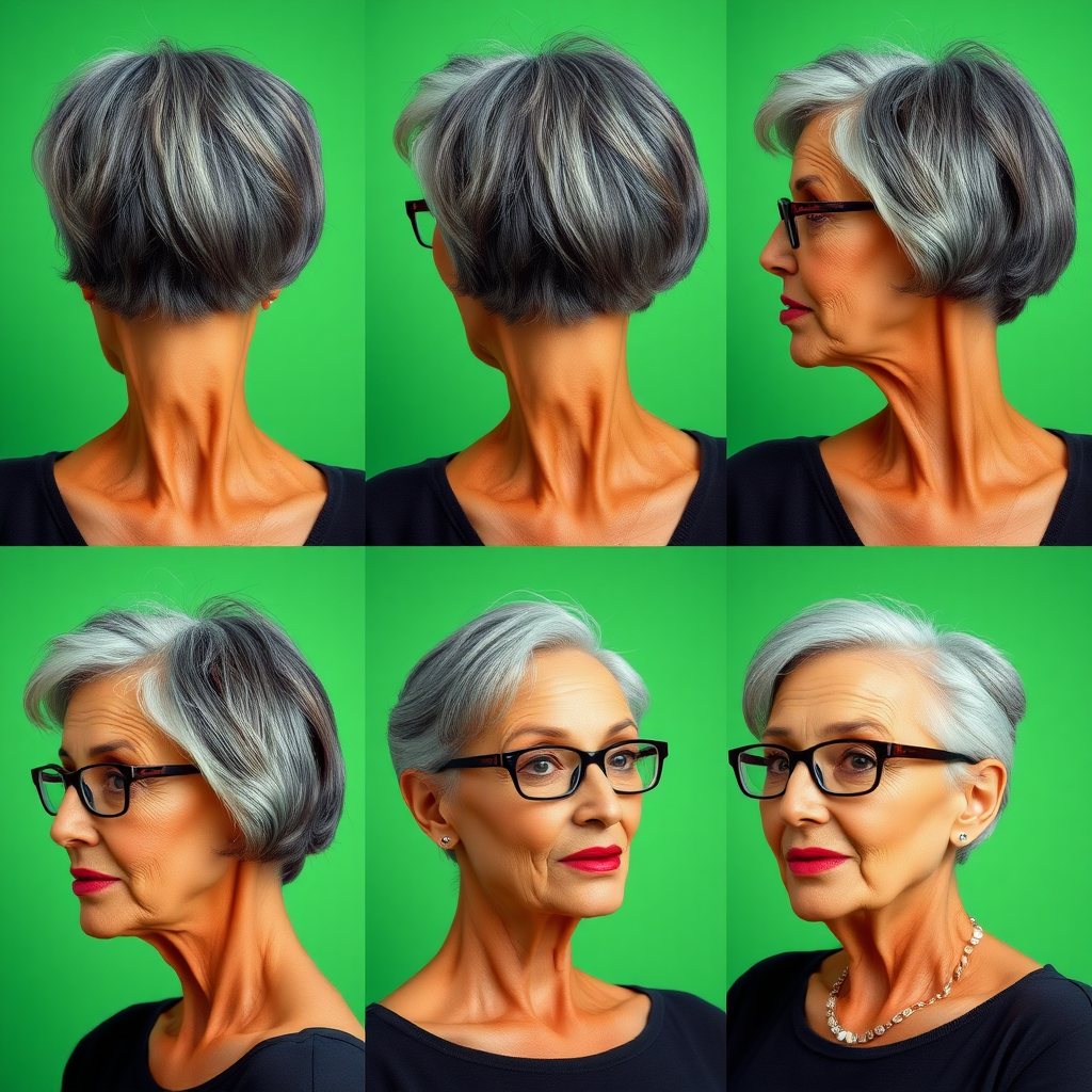 Photorealistic image of six headshots of a 50 Years old, fit, European, Latina, sharp aquiline nose, wrinkles, high cheekbones, Middle Eastern, Skinny, Tanned skin, Dark light skin, full Makeup, jewelry, Sharp nose, exaggerated expression, licking her lips, mouth open, dark grey Ash hair, short bowl haircut, Brown eye color, Glasses, with detailed features. Each photo displays the same face in back, profile and front view, cut out and isolated on a green background. All six heads are visible side by side, empty space around each view, no overlapping.