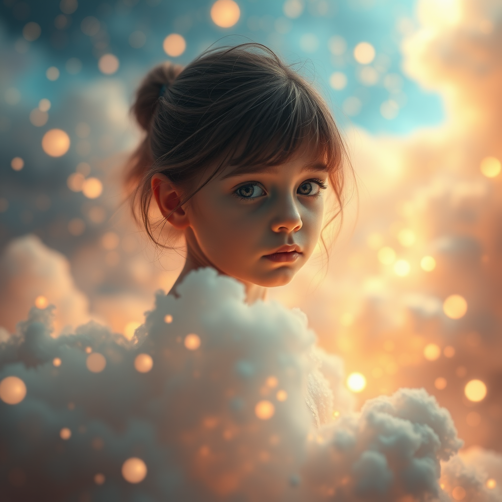 mandelbulb clouds, Low Key Lighting, dreamscape, nebula, Bokeh, abstract, brilliant colors, glittering, translucent, iridescent, glowing, artistic photo, panoramic, airy, original, experimental, fractal, generative art, calm, cinematic shot, opal, gold, preteen girl