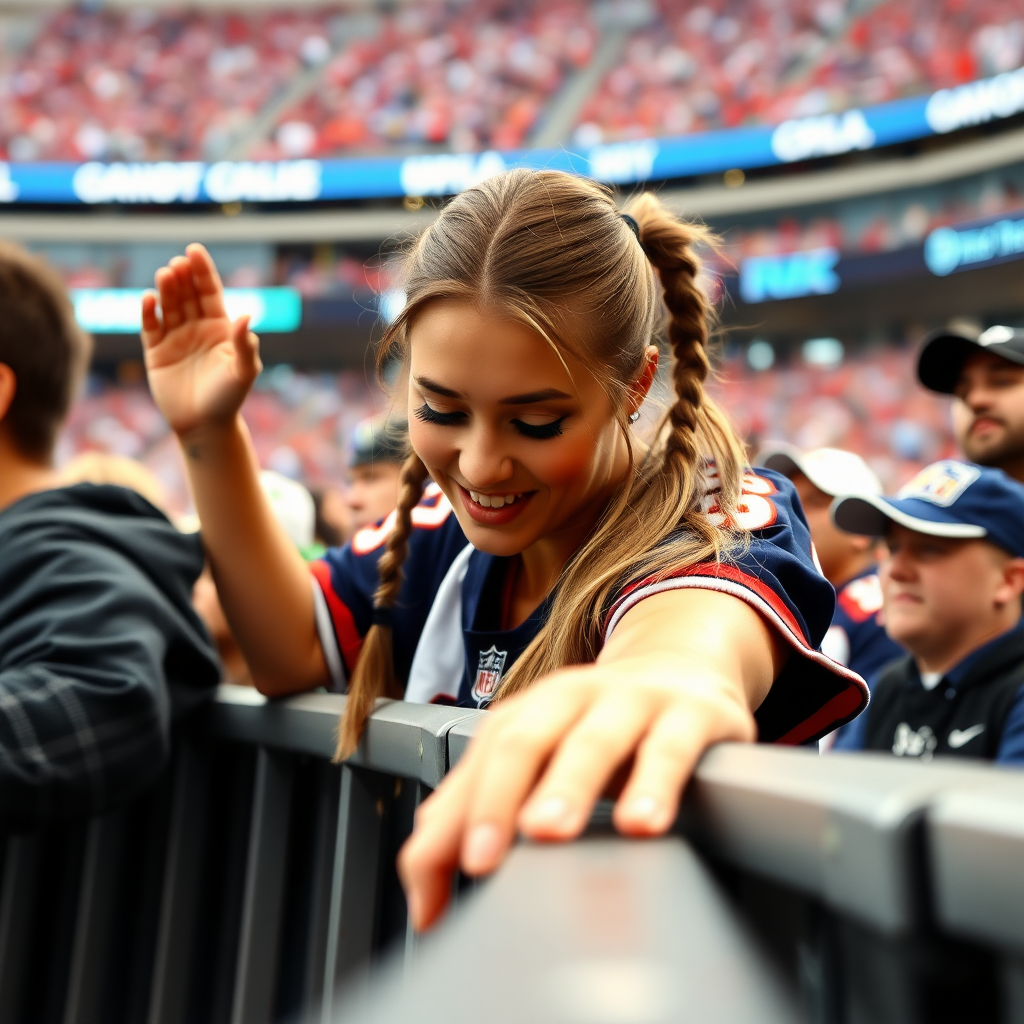 Attractive female NFL fan leans forward over the barriers, cheering while looking down, pigtail hair, jersey, inside front row crowd, from the perspective of the TV camera