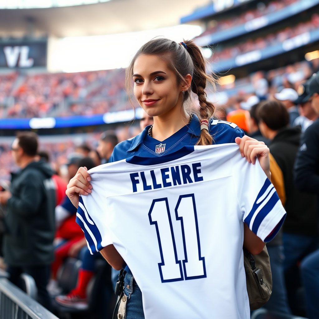 Attractive female NFL fan, pigtail hair, at crowded front row stadium barriers, holding up a spare jersey, in NFL stadium