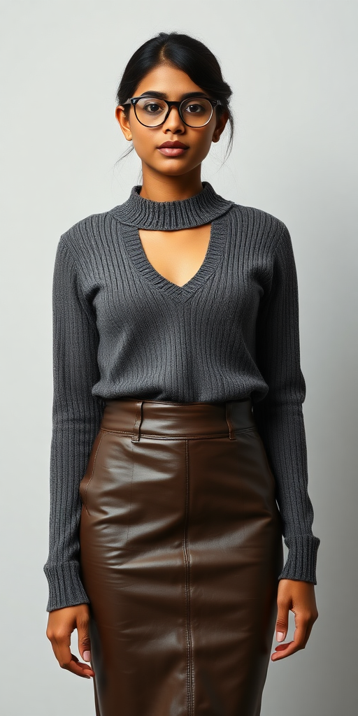 a fullbody photo of an indian 18 year old with glasses wearing a tight high waisted brown leather pencil skirt and a form fitting sweater with a deep V cutout