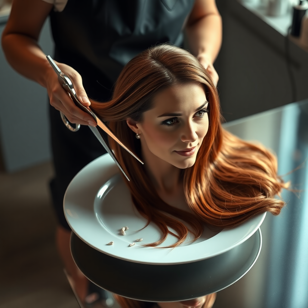 In a bizarre, surreal tableau, the polished surface of an elegant dining plate cradles the disembodied head of a strikingly beautiful Kate Middleton, her long, flowing hair cascading like a glossy waterfall of deep chestnut and honey highlights. The hair is luxuriously arranged, strands shimmering under the soft, ambient light that bathes the scene in an ethereal glow.

A skilled hairdresser, clad in a sleek black apron, stands poised with a pair of gleaming scissors, carefully trimming the endlessly luxurious locks that frame Kate's serene, almost ethereal features. The air is thick with the scent of salon products mingling with delicate hints of floral fragrances, creating an unusual yet strangely inviting atmosphere. The hairdresser's focused expression reveals a meticulous dedication as snippets of hair fall gracefully onto the pristine plate, echoing a sense of both artistry and absurdity.

The overall emotional tone conveys a dreamlike quality, inviting viewers to ponder the juxtaposition of beauty, identity, and the bizarre circumstances that bind them in this extraordinary moment.