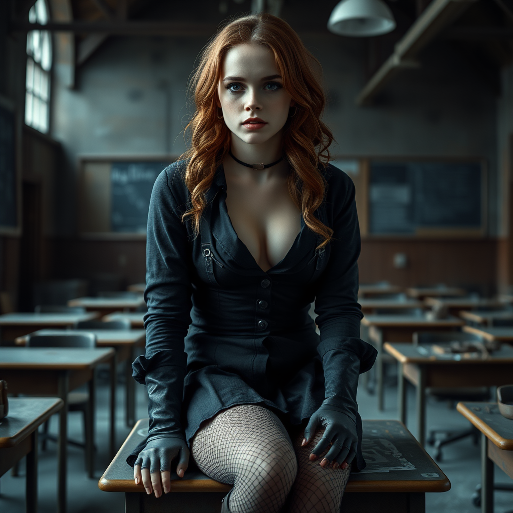 Emma Watson as Hermione Granger in goth clothes, brown hair, seductive, (braces: 1.5), slightly open mouth, pale makeup, fishnets, high heel boots, revealing Hogwarts uniform, cleavage, sitting on desk, full body shot, erotic, teasing, dark and moody, skin details, abandoned Hogwarts classroom in background, photorealistic, ultra high resolution, 16K, viewed from below.