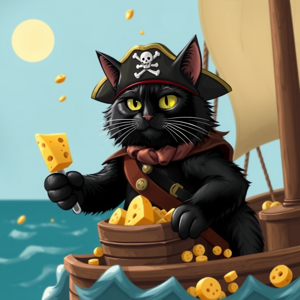 Black cat pirate Captain with treasure cheese filled with cheese on a pirate ship