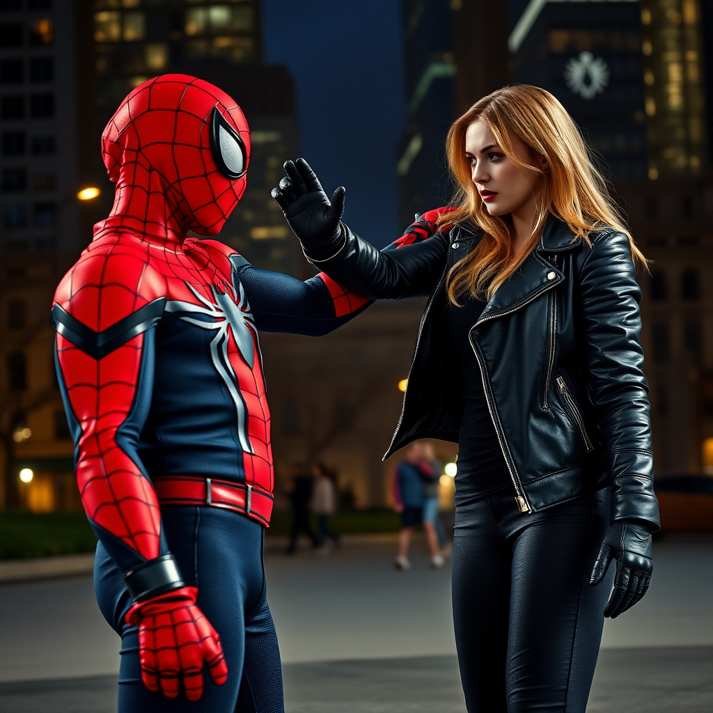 A beautiful angry female burglar in black leather jacket over black t-shirt with black pants and gloves slaps Spider-Man in Manhattan park at night.