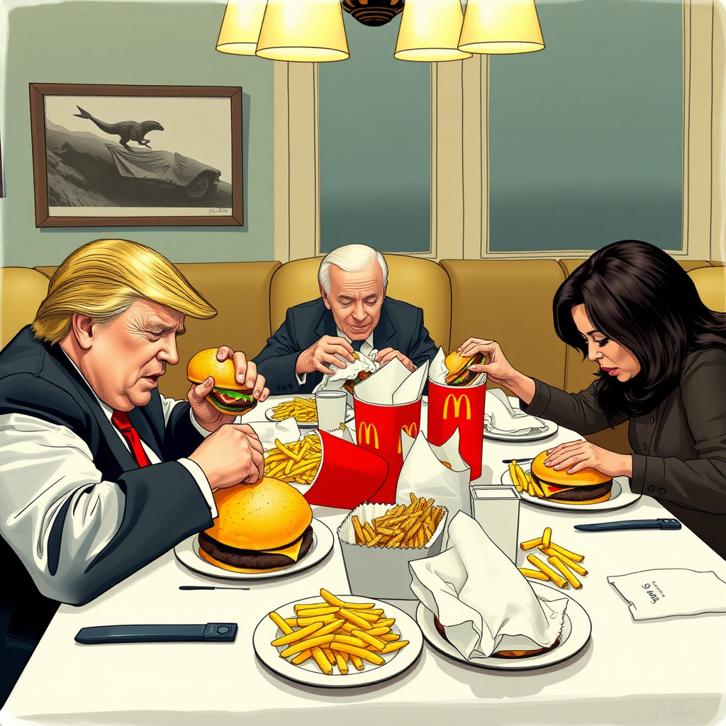 Donald Trump in a dining room eating tons of McDonald's for dinner with Joe Biden devouring two cheeseburgers and sleeping, and Kamala Harris.