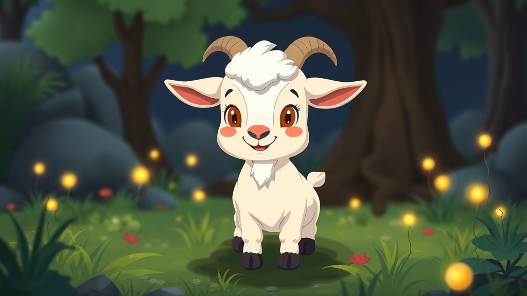 A cute Billy goat in ground at night some fire flies around animation