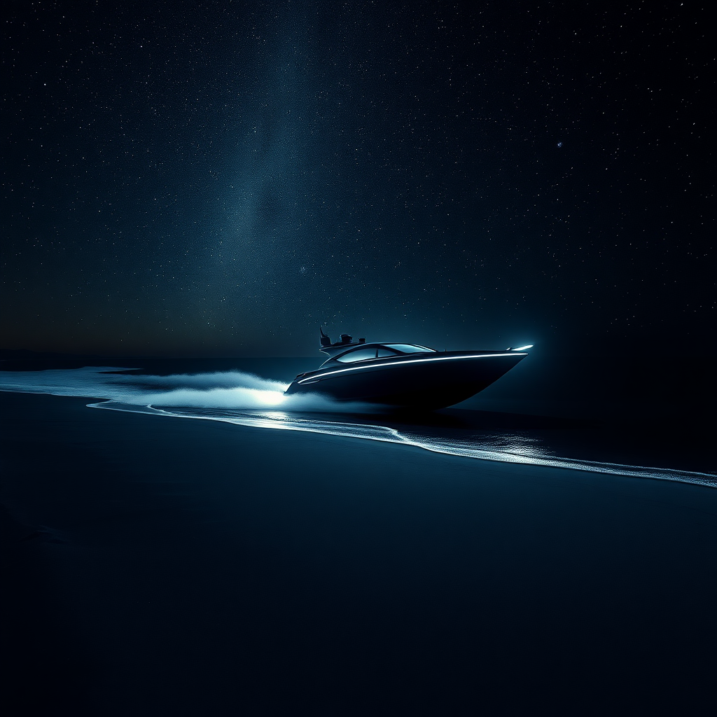 Drone view photograph of a 25th century speedboat sailing. Night-dawning beach scene capturing the infusion of dark gray sands with shallow, starlit waters, solitude in the middle of the star-studded sky seamlessly passing into the desolate but intriguing dark ocean, high contrast, black background amplifying the brightness of the stars, delicacy of the waves, digital painting, Ultra-thin, high-octane rendering. Image taken from a drone on a modern boat gliding over the sea with its bright lights.